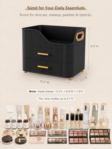 Booklov Large Makeup Organizer with 2 Drawers, Tall Bottle Storage - Black M01