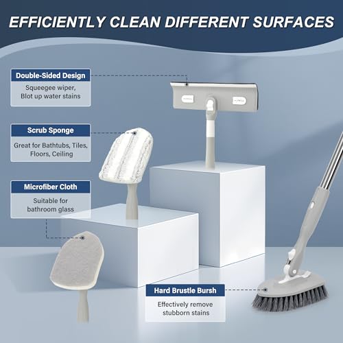 Tile & Tub Floor Cleaner Scrubber Set with Long Handle and 5 Attachments