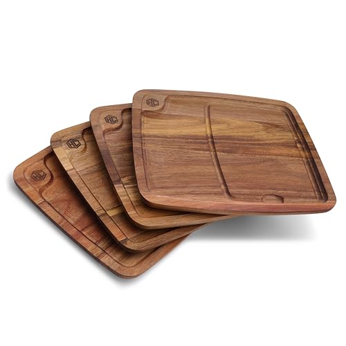 4-Piece Wooden Steak Plate Set with Juice Grooves and Sections