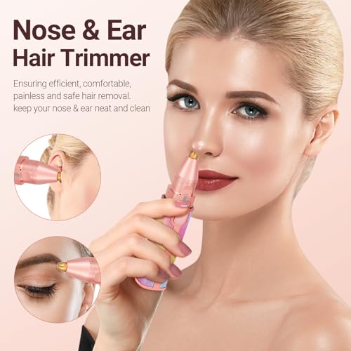 Facial Hair Removal for Women: 2-in-1 Rechargeable Nose Hair & Eyebrow Trimmer, Face Shaver with Built-in LED Light for Removing Chin, Upper and Lower Lip Area Peach Fuzz