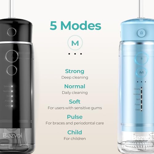 Portable Water Flosser for Travel - 5 Modes, 6 Tips, Black & Sky Blue