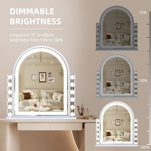 Hansong Hollywood Vanity Mirror with Lights 22.4"x23.4" Arched Lighted Makeup Mirror with Lights 12 Dimmable Bulbs Three Color Lighting Modes Detachable 10X Magnification Smart Touch Control