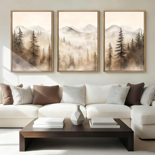Large Mountain Forest Wall Art Set of 3 - Framed Canvas Prints, 16x24 Inches, Brown Variation