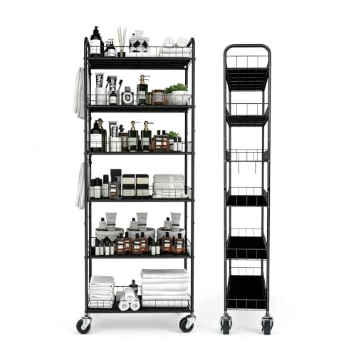 10in Black 6-Tier Slim Rolling Storage Cart with Metal Wheels - Space Saver