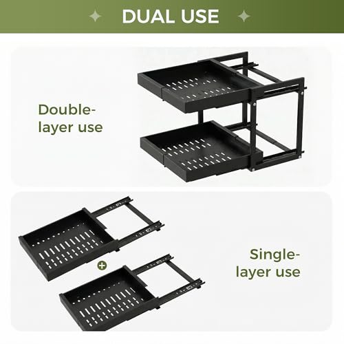 Adjustable Pull Out Kitchen Cabinet Organizer 2-Tier Slide Out Drawer, Heavy Duty Steel, Black, 20.7"D x 12-18.5"W