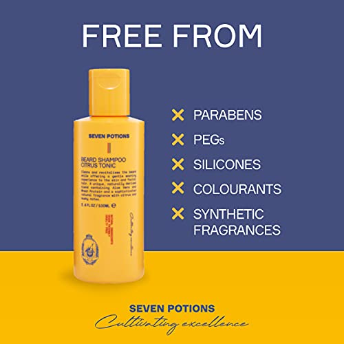 SEVEN POTIONS Beard Shampoo for Men - Gentle Cleansing Wash for a Fresh, Itch-Free Beard - Natural, Vegan Formula (Citrus Tonic, 3.4 Fl Oz)