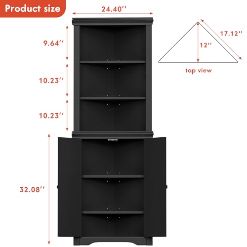 YESHOMY Corner Cabinet with Doors Dark Black - Storage Cupboard with Adjustable Shelves
