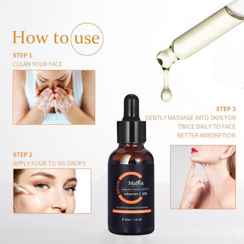20% Vitamin C Face Serum With Hyaluronic Acid and Vitamin E- Facial Serum - Fade Dark Spots, Acne & Wrinkles, Smoothing Skin Serum for Face and Eye (1 fl.oz)