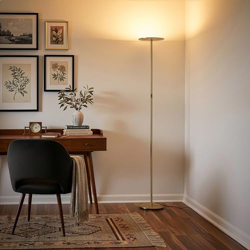 Antique Brass Dimmable LED Floor Lamp with 3 Light Modes - Tall Standing Torch Light for Living Room & Bedroom
