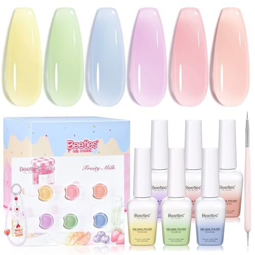 Beetles Fruity Milk Jelly Gel Nail Polish Set - 6 Colors Spring Pastel Gel Polish Kit Pink Purple Blue Peach Nude Green Yellow Sheer Translucent Effect Soak Off UV Nail Art Manicure Gift for Women