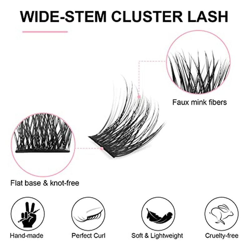 KISSXIAOYA Cluster Eyelash Extensions Kit, DIY Lashes Extension Kit with Lash Bond & Seal and Applicator, 144 Pcs 0.10mm 56D 9-15mm Mixed Wide-stem Lash, Individual at Home