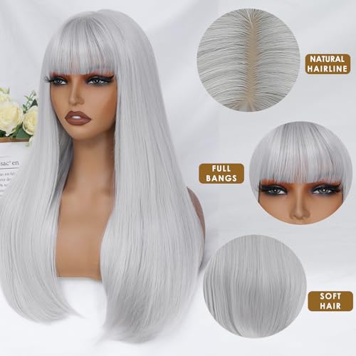 Gray White Wig with Bangs - 24 Inch Long Straight Synthetic Heat-Resistant Hair for Women - Variation: Gray White