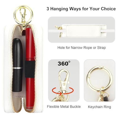Leather Lipstick Holder Keychain Pouch - White Travel Makeup Organizer
