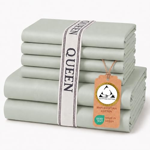 Egyptian Cotton Queen Sheets Set - Sage, 6-Piece Luxury Bedding