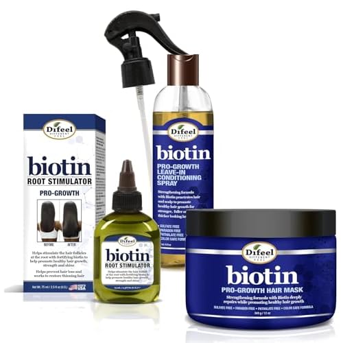 Difeel Biotin 3-PC Hair Growth Treatment Powerpack - Includes 12oz Hair Mask, 6oz Leave in Conditioning Spray & 2.5oz Root Stimulator