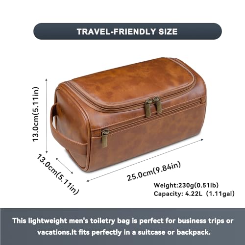 Light Brown Leather Travel Toiletry Bag for Men with Hanging Hook - Small Organizer