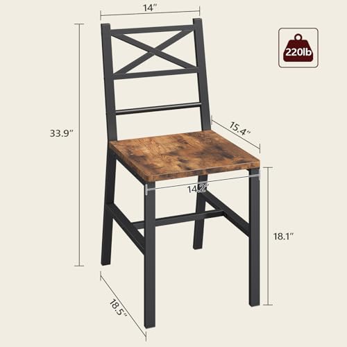 Rustic Brown Dining Chair Set of 2 - Farmhouse Kitchen Chairs with Metal Frame
