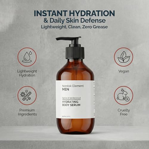 Nordisk Element Body Serum for Men, 9.13 Fl Oz | Lightweight & Instant Hydrating Serum with Hyaluronic Acid, Antioxidants & Nordic Botanicals | Vegan, Spices & Sandalwood Scent
