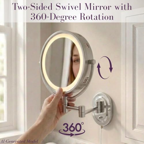 JERDON Lighted Wall-Mount Makeup Mirror - 5X Magnification - Nickel Finish