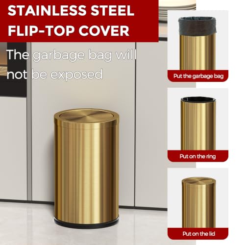 Gold Bathroom Trash Can with Lid - 4.7 Gallon Stainless Steel Garbage Bin with Flipping Cover - LEASYLIFE Variation