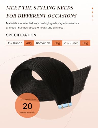 Sunya Tape in Hair Extensions 22 Inch Straight Human Hair Black #1B - 20 Pieces, 50g