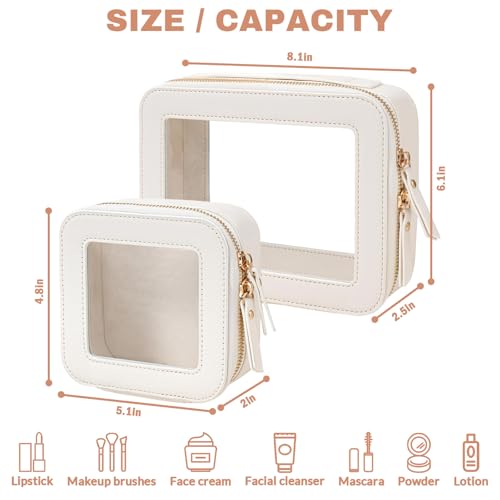 Clear Makeup Bag Organizer Set,Portable Travel Toiletry Case for Women, Vegan Leather Cosmetic Pouch Car Bag for Essentials 2pcs,Middle & Large,Beige