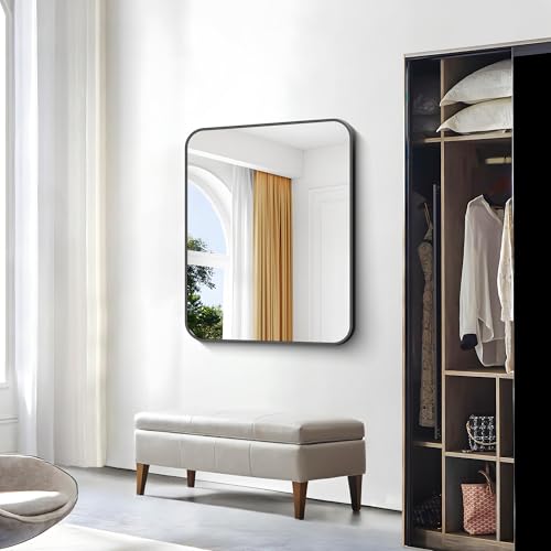 30x36 Inch Black Bathroom Mirror - Rounded Corner Wall Mount Vanity Mirror with Frame, Horizontal or Vertical Hang, Safety Glass