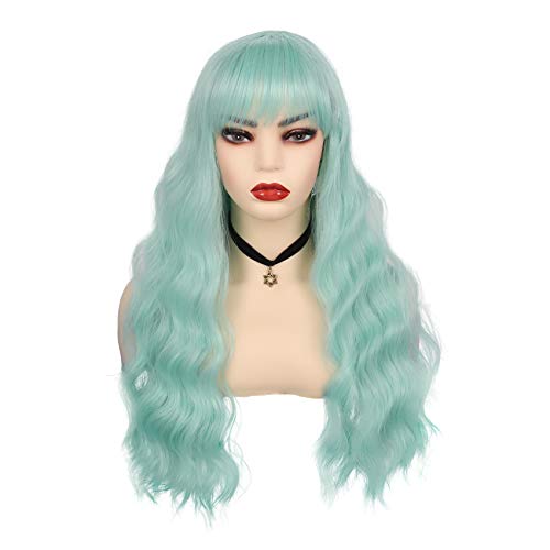 Swiking Mint Green Curly Wigs for Women - Long Wavy Synthetic Cosplay Hair with Bangs
