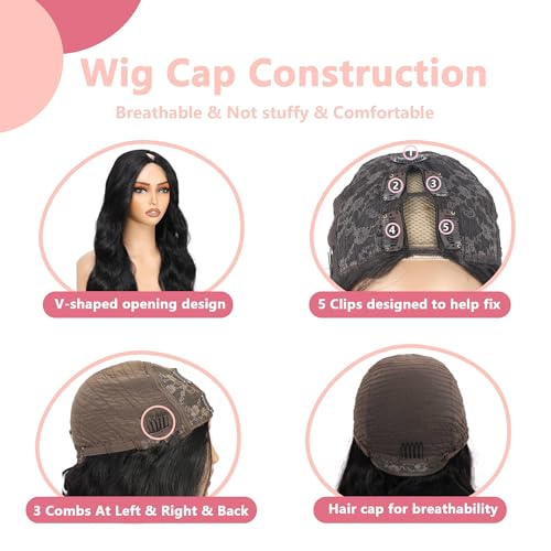Human Hair U Part Wig 20 Inch Body Wave Natural Black 180% Density Beginner Friendly