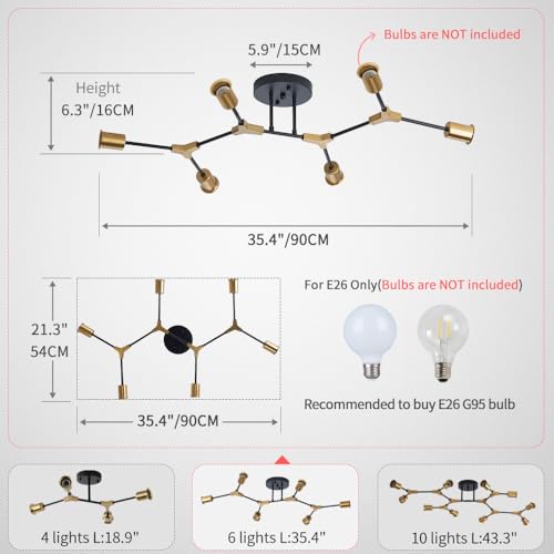 QUOOBE Gold and Black Sputnik Ceiling Light Fixture - 6-Light Mid Century Flush Mount