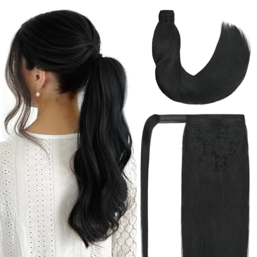 Natural Black 16 Inch Human Hair Ponytail Extension - Clip-In & Wrap Around US