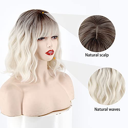MISSQUEEN Short Platinum Blonde Wavy Wig with Bangs - Dark Roots, 12 Inch Cosplay & Daily Use