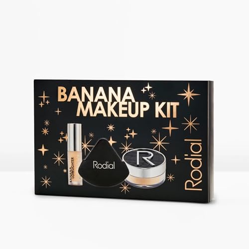 Rodial Banana Makeup Kit - Rodial Deluxe Makeup Gift Set with Banana Lowlighter 0.05 fl oz, Glass Powder 0.2 oz & Powder Puff - Complexion Brightening, Illuminating & Flawless Finish Set