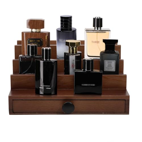 Walnut Cologne Organizer for Men - 4 Tier Wooden Cologne Perfume Display Stand with Drawer and Hidden Compartment, Mens Cologne Holder Shelf for Organizing and Storing