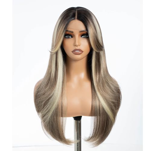 Ombre Brown Highlight Light Blonde Layered Wigs with Curtain Bangs - 26 Inch Synthetic Lace Front Wig for Women