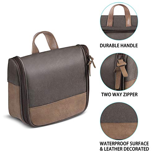 Men's Vintage Leather Hanging Toiletry Bag - Brown Pattern Waterproof Travel Organizer