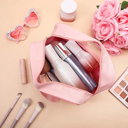 9 Pcs Translucent Make up Bag Pink Big Travel Cosmetic Makeup Toiletry Bag with Handle and Zipper Waterproof Portable Cosmetic Travels Bags for Travel Toiletries Accessories, 10.2 x 6.3 x 2.8 Inches