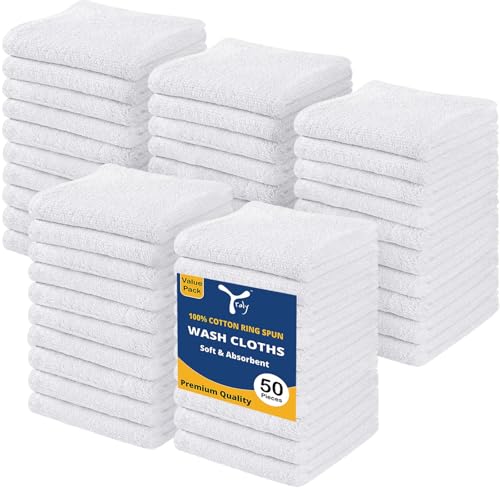 Premium 100% Cotton Washcloths Set - Soft & Absorbent Face & Body Towels, 50 Pack White