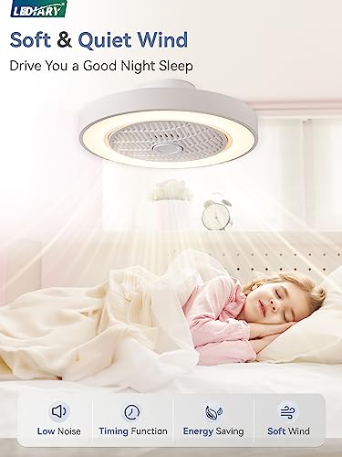 LEDIARY 20 Inch White Bladeless Enclosed Ceiling Fan with Dimmable LED Light