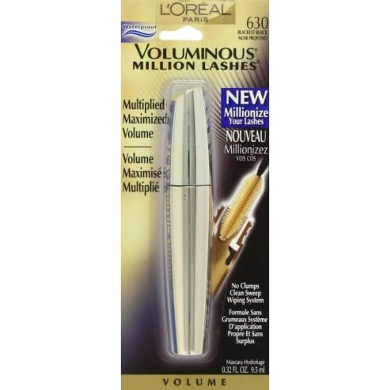 L¡¯Oreal Paris Makeup Voluminous Million Lashes Mascara, Volumizing Collagen Infused Eye Makeup, Amplifying Mascara Brush, Waterproof, Blackest Black, 0.32 Fl Oz., 1 Count