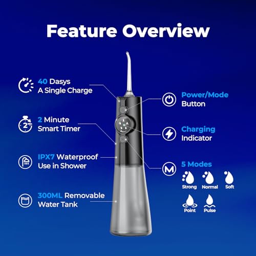 Cordless Water Flosser for Braces 5 Modes 300ML Tank Portable Oral Care