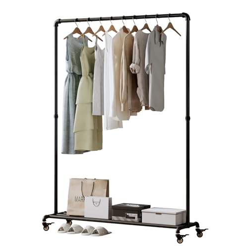 Black Industrial Pipe Clothing Rack with Wheels and Bottom Shelf - Heavy Duty Garment Stand