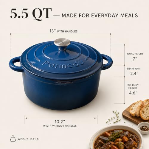 Dutch Oven 5.5QT Enameled Cast Iron Sourdough Bread Cooker Indigo Blue - Parmedu