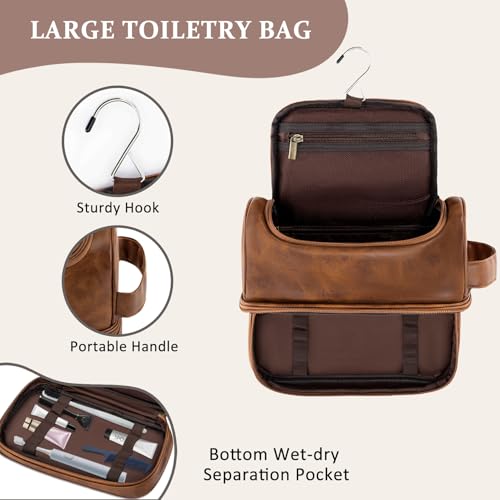 Personalized Gifts Travel Toiletry Bag for Men Him, Laser-Engraved Initial PU Leather Waterproof Shaving Bag Christmas Birthday Gift for Men Dad Husband Boyfriend Groomsmen, Light Brown M
