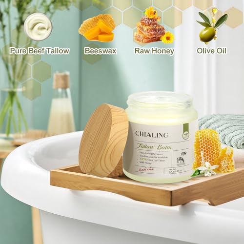Handmade Beef Tallow For Skin, Tallow Face Moisturizer, 100% Grass Fed Beef Tallow And Honey Balm - Made in USA - Whipped Beef Tallow Body Lotion Skin Care for Eczema, Dry, Itchy, Sensitive Skin - 3.5 Oz