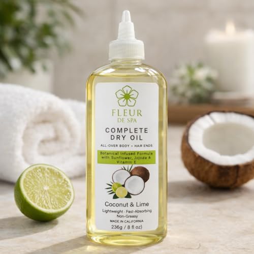 fleur de spa Complete Dry Oil ? Coconut & Lime | Lightweight, Fast-Absorbing Body & Hair Oil | Non-Greasy Botanical Hydration with Sunflower, Jojoba & Vitamin E | 8 fl oz