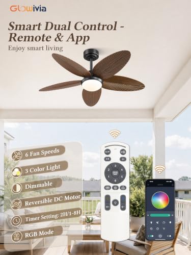 Brown 42 Inch Outdoor Tropical Leaf Ceiling Fan with RGB Light & Remote
