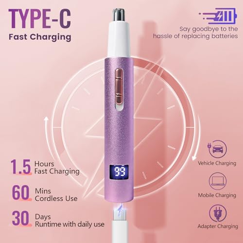 Nose and Ear Hair Trimmer with LED Display for Women Men,2 in 1 Eyebrow Hair Trimmer with USB Rechargeable,2026 Portble Waterproof Facial Hair Removal with Dual-Edge Blades (Purple)