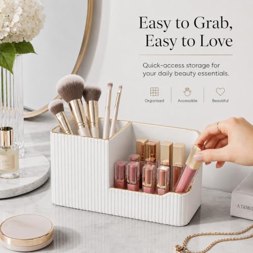 GORESE Leather Makeup Brush Holder with Lipstick Organizer - Ivory White