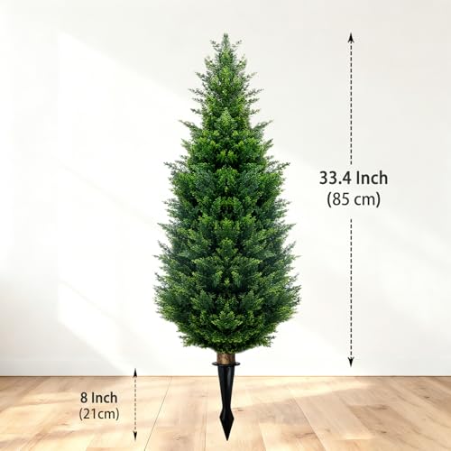 GZFDY 3Ft Artificial Cedar Topiary Trees (2-Pack) with Ground Spikes - UV-Resistant Indoor & Outdoor Faux Shrubs, Green Ground Spike Cedar-2pcs